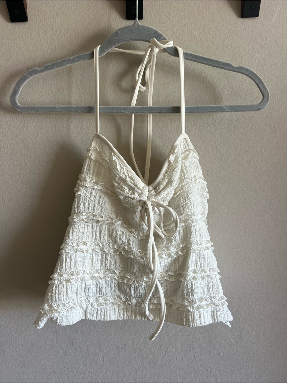 Women's White Textured Tie-Front Halter Top